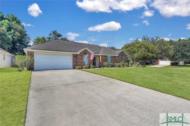 single story home featuring a garage and a front lawn