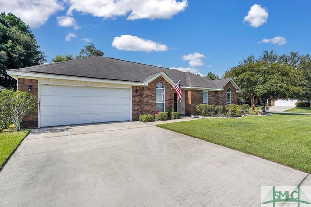 single story home featuring a front yard and a garage