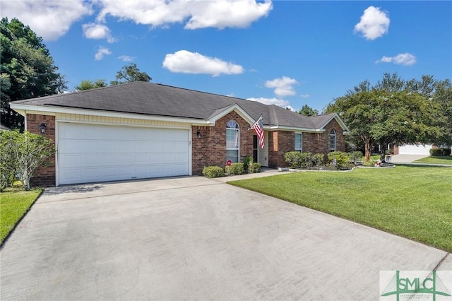 single story home with a garage and a front yard