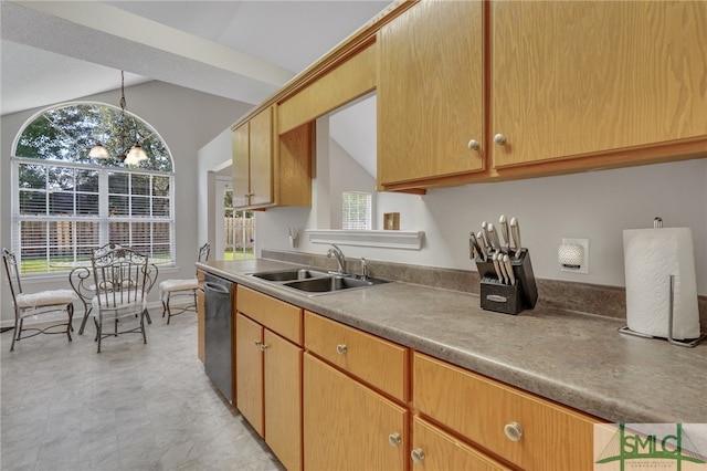 kitchen with light tile patterned flooring, stainless steel dishwasher, hanging light fixtures, sink, and vaulted ceiling