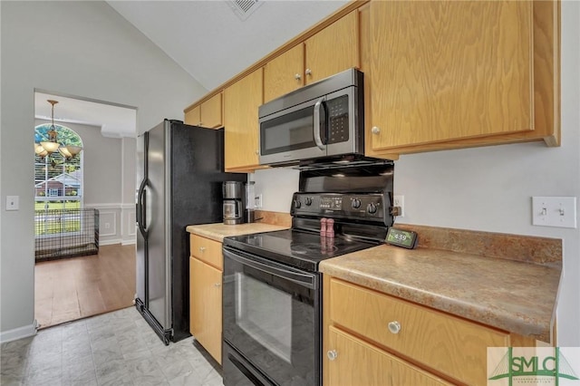 kitchen with lofted ceiling, black electric range oven, hanging light fixtures, and refrigerator with ice dispenser