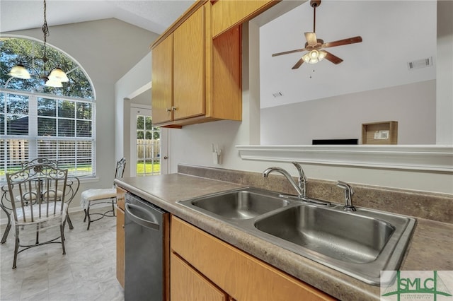 kitchen with dishwasher, vaulted ceiling, ceiling fan, sink, and light tile patterned flooring