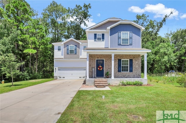 view of front of property featuring a front lawn and a garage