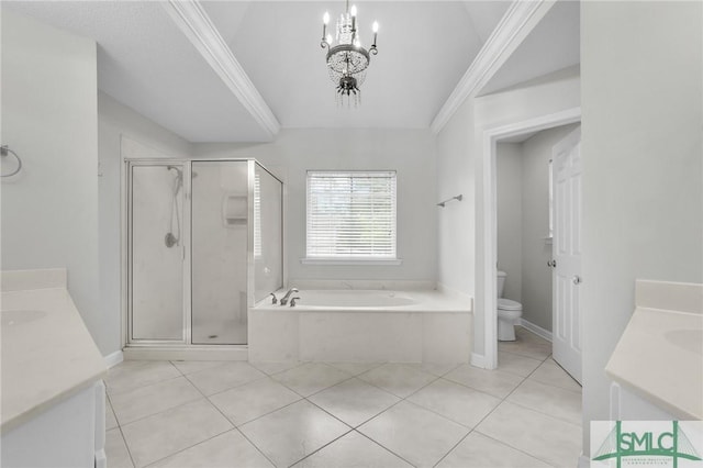 full bathroom with tile patterned flooring, toilet, a chandelier, shower with separate bathtub, and crown molding