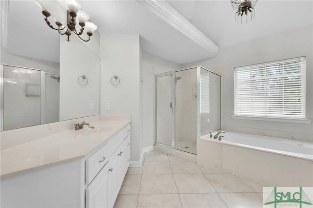 bathroom with a chandelier, plus walk in shower, tile patterned flooring, and vanity