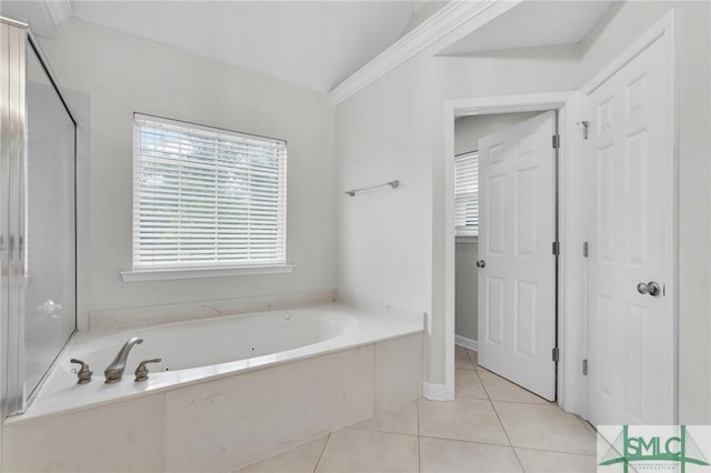 bathroom with plus walk in shower and tile patterned floors