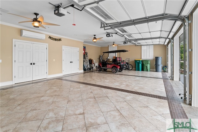 garage with ceiling fan, a garage door opener, and an AC wall unit