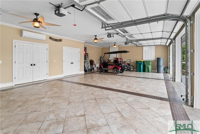 garage featuring an AC wall unit, a garage door opener, and baseboards