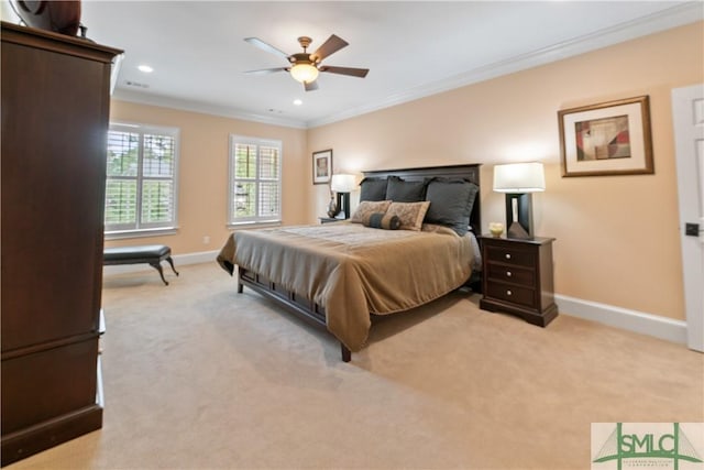 bedroom with ornamental molding, recessed lighting, baseboards, and light carpet