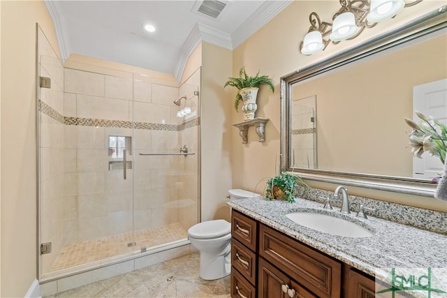 full bathroom with visible vents, toilet, a stall shower, ornamental molding, and vanity