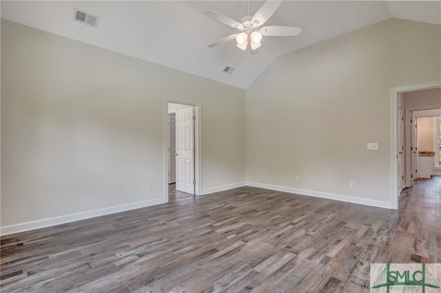 unfurnished room featuring high vaulted ceiling, hardwood / wood-style floors, and ceiling fan