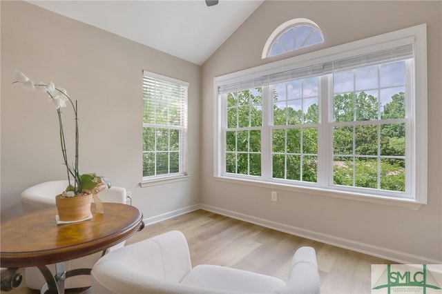 living area with light hardwood / wood-style floors, lofted ceiling, and a wealth of natural light