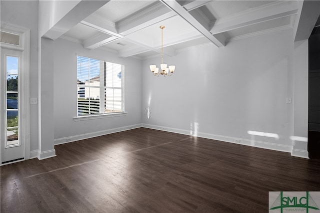 unfurnished room with coffered ceiling, beam ceiling, dark wood-type flooring, and a notable chandelier