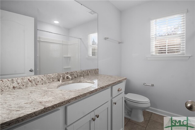 bathroom with walk in shower, tile patterned flooring, vanity, and toilet