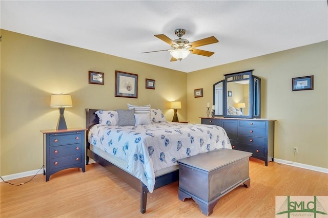 bedroom featuring light wood-type flooring and ceiling fan