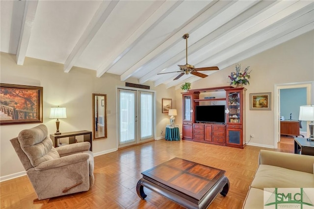 living room with vaulted ceiling with beams, ceiling fan, and parquet flooring