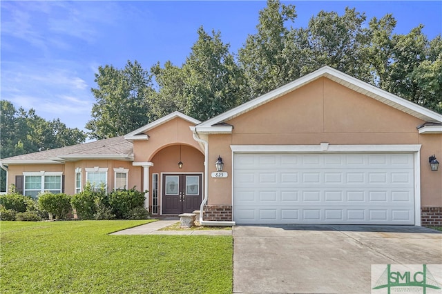 single story home with a front lawn and a garage