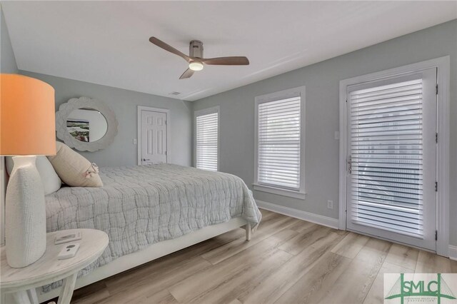 bedroom featuring ceiling fan and light wood-type flooring