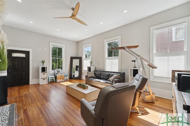 living room featuring ceiling fan and wood-type flooring