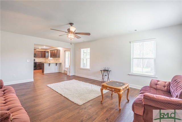 living room featuring ceiling fan and hardwood / wood-style flooring