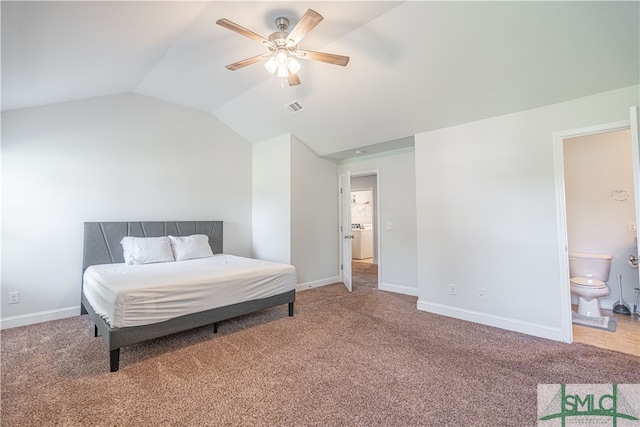 bedroom with carpet, lofted ceiling, and ceiling fan