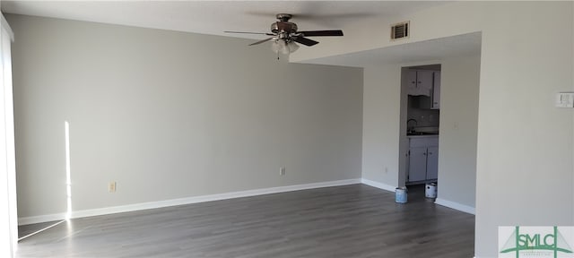 unfurnished room with ceiling fan, sink, and dark hardwood / wood-style floors