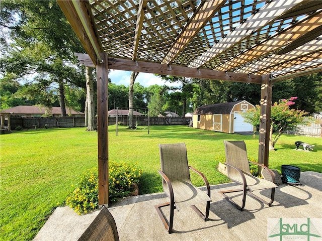 view of patio with a storage shed