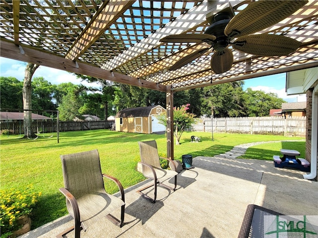 view of patio featuring a storage unit