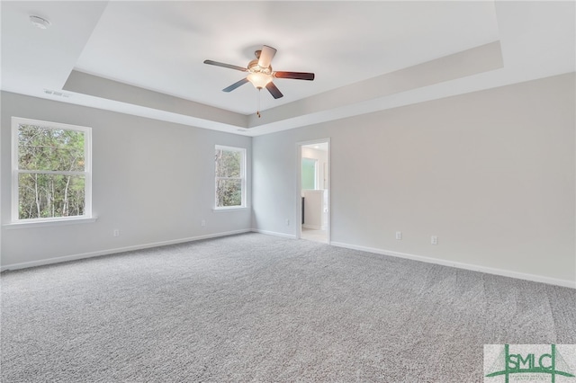 empty room featuring ceiling fan, plenty of natural light, and a raised ceiling