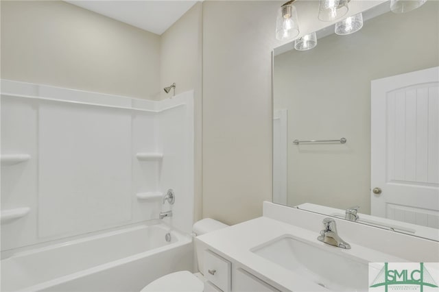 full bathroom with toilet, tub / shower combination, and vanity