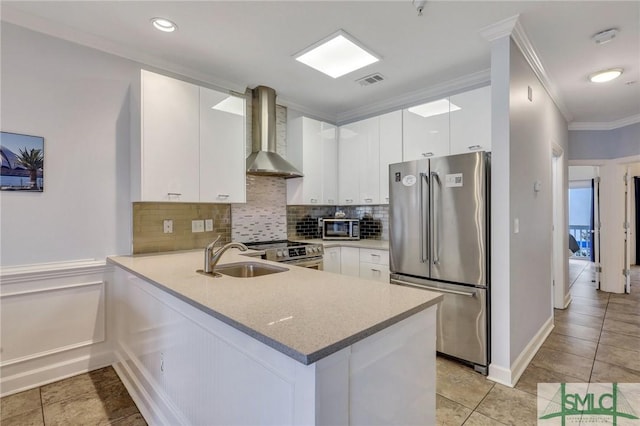 kitchen featuring white cabinetry, kitchen peninsula, sink, appliances with stainless steel finishes, and wall chimney exhaust hood