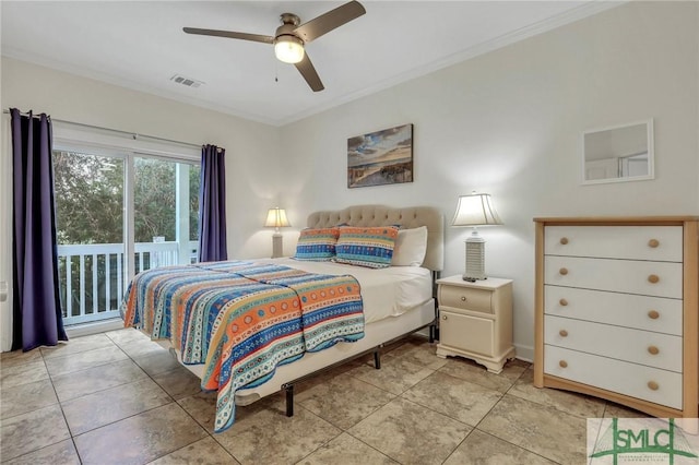 bedroom with ceiling fan, ornamental molding, light tile patterned flooring, and access to exterior