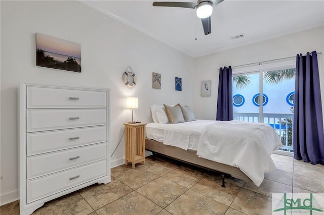 bedroom with ceiling fan, ornamental molding, and access to outside