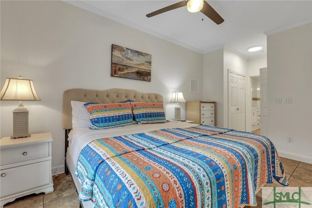 bedroom featuring ceiling fan, ornamental molding, light tile patterned floors, and a closet