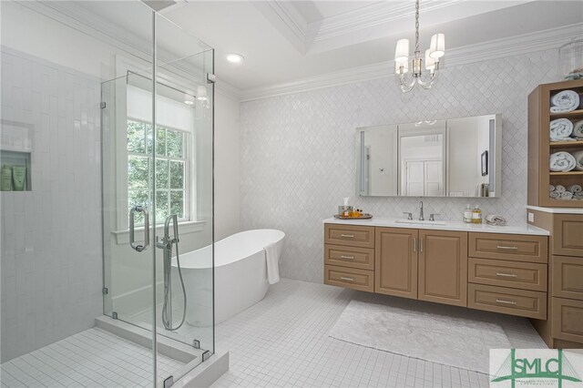 bathroom with vanity, plus walk in shower, crown molding, tile patterned flooring, and a chandelier