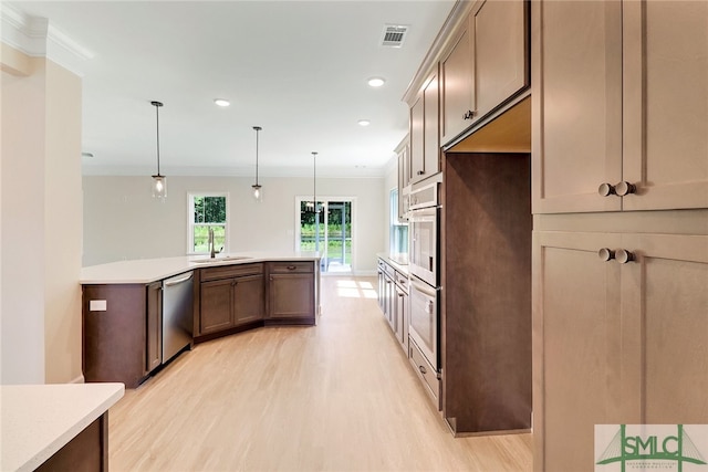 kitchen featuring sink, light hardwood / wood-style flooring, dishwasher, and pendant lighting