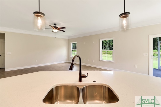 kitchen featuring sink, decorative light fixtures, hardwood / wood-style flooring, and ornamental molding