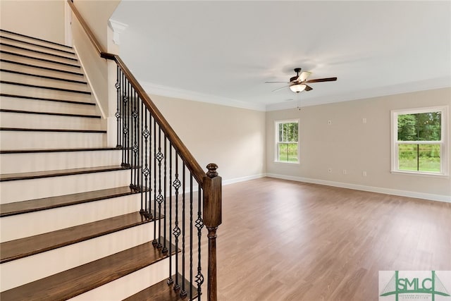 stairway with hardwood / wood-style flooring, ceiling fan, and ornamental molding