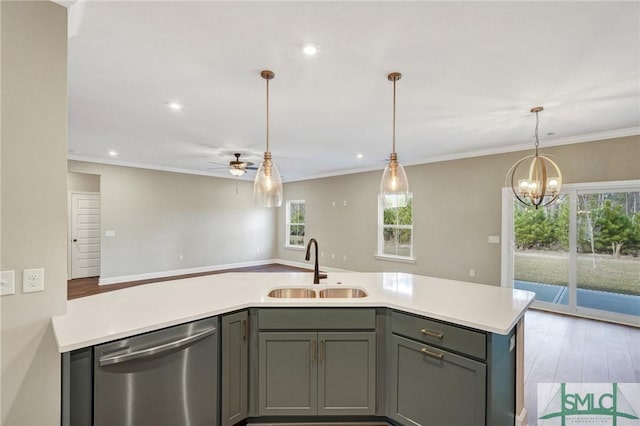51 Hanover Pl, Richmond Hill, GA 31324 - kitchen featuring light countertops, ceiling fan with notable chandelier, a sink, and dishwasher