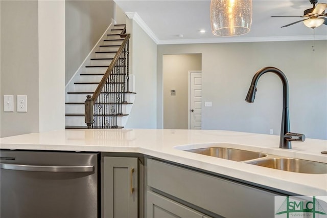 51 Hanover Pl, Richmond Hill, GA 31324 - kitchen with light countertops, a ceiling fan, a sink, dishwasher, and gray cabinetry