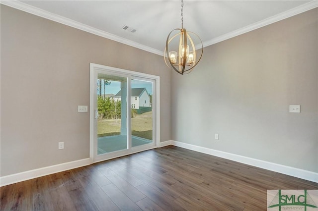 51 Hanover Pl, Richmond Hill, GA 31324 - unfurnished dining area featuring an inviting chandelier, visible vents, baseboards, and crown molding