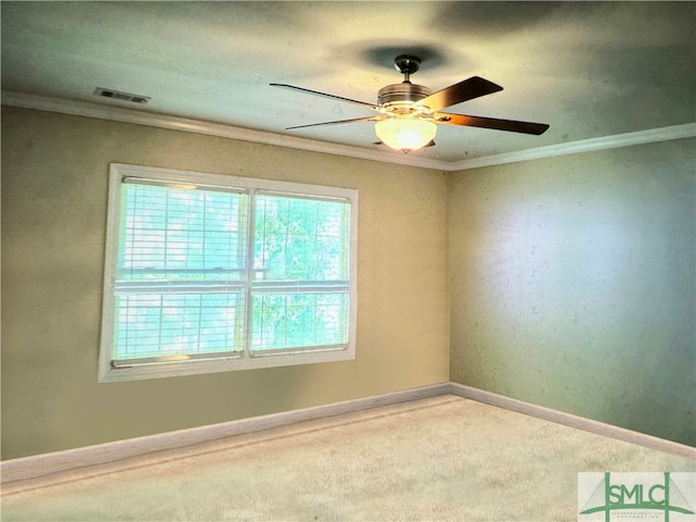 empty room featuring ceiling fan, ornamental molding, and carpet