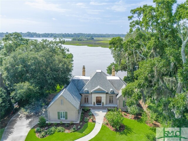 drone / aerial view featuring a water view