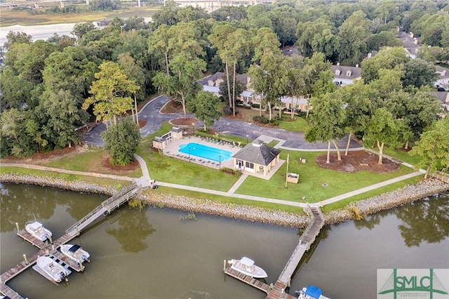 birds eye view of property featuring a water view