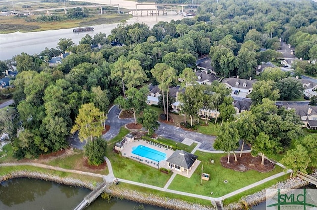 aerial view featuring a water view