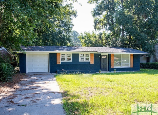 single story home with a garage and a front yard