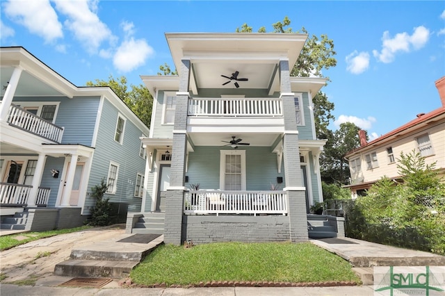 view of front of property with covered porch and ceiling fan