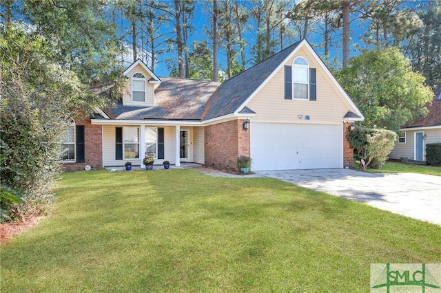 view of front of property featuring a front yard and a garage