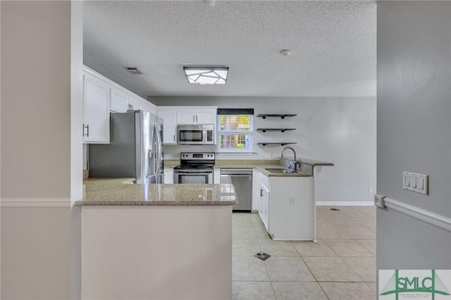 kitchen with kitchen peninsula, sink, white cabinets, and appliances with stainless steel finishes