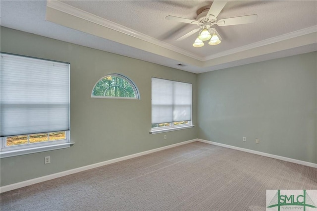 carpeted spare room featuring a raised ceiling, ceiling fan, crown molding, and a textured ceiling